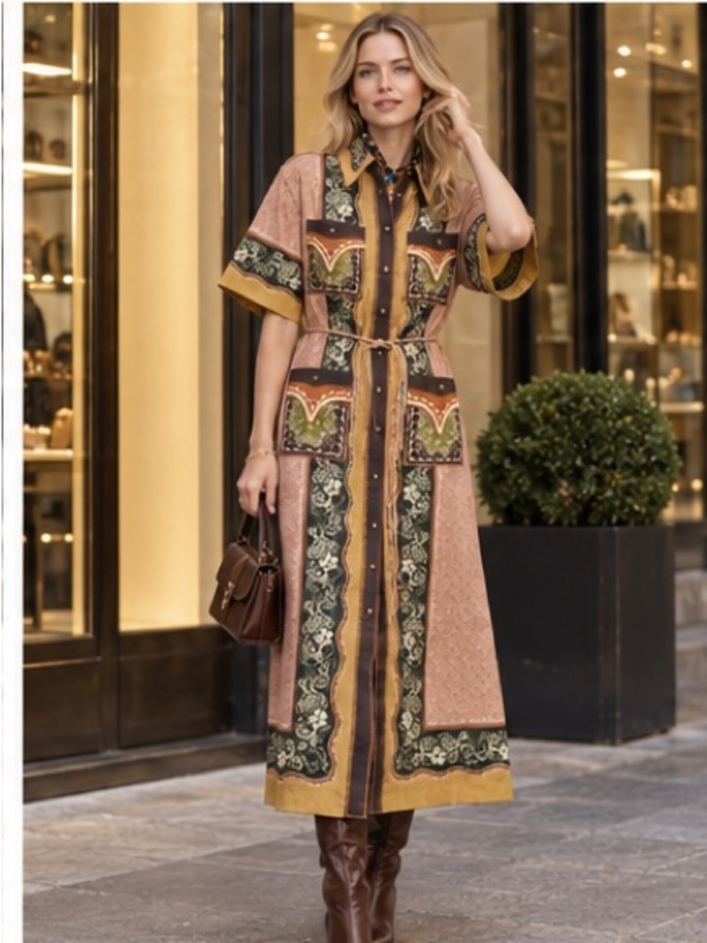 Alemais Dusty Rose and Mustard Boho Maxi Shirt Dress